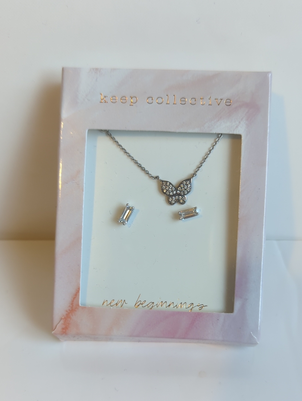 KEEP Collective Silver Butterfly Necklace with Clear Crystal Baguette Earrings
